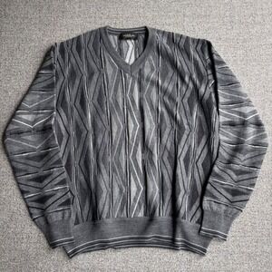 Montechiaro Sweater Mens M Grey 3D Textured Geometric V-Neck Merino Wool Italy
